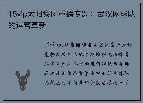 15vip太阳集团重磅专题：武汉网球队的运营革新